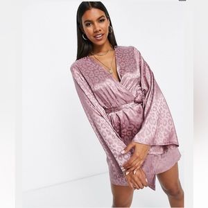 KOCO & K Animal Print Satin Wrap Dress Tie Waist and Bell Sleeve Mini Kimono